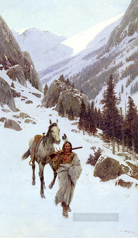A través del paso, la nieve, los nativos americanos de las Indias Occidentales, Henry Farny. Pintura al óleo